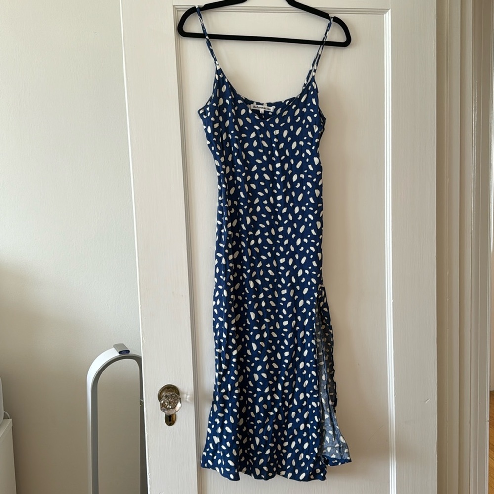 Reformation Blue and White Leaf Print Midi Dress